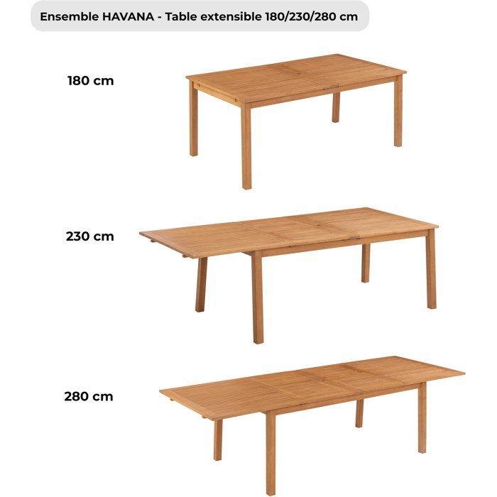 Ensemble repas de jardin - HAVANA - Bois Eucalyptus FSC - Table extensible 180/230/280 x 100 cm + 8 chaises - 8 a 12 personnes