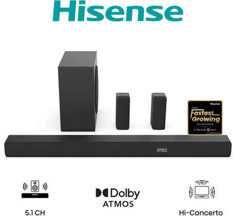 Barre de son - HISENSE - AX5100Q - 5.1.2 Canaux - Dolby Atmos & DTS:X - 340W - Caisson et enceintes arriere sans fil