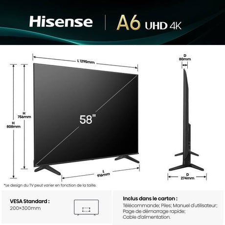 Hisense 58A6Q - TV LED 58" (146 cm) - 4K UHD 3840x2160 - HDR10+ - TV connecté - 4xHDMI 2.1 - WiFi