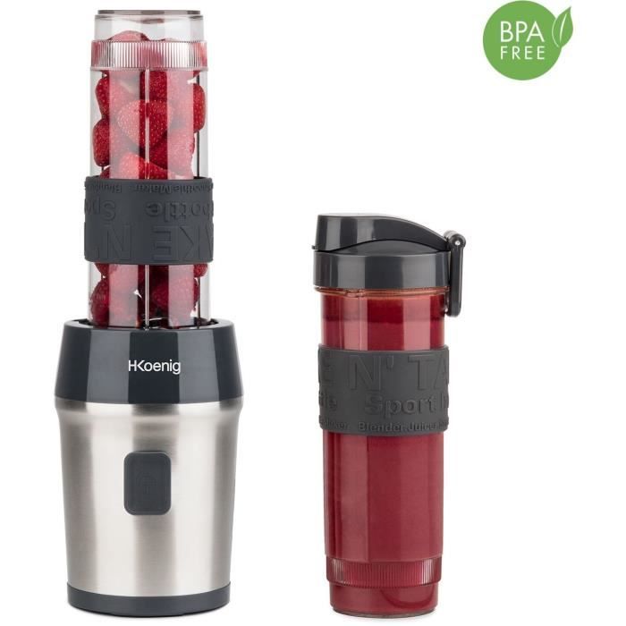 Mini blender - H.KoeNIG - SMOO9 - 300 W - 570 ml - Noir - 2 gourdes incluses - Sans BPA