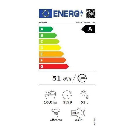 Lave-linge hublot HOOVER HWP 610AMBC/1-S - 10 kg - Induction - 1600 trs/min - Classe A - Connecté - Vapeur -  Blanc