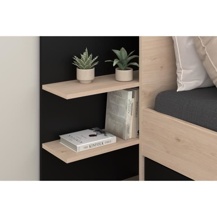 HORN Lit adulte 140 x 190 / 200 cm - Avec tiroir de rangement - Décor chene et noir – PARISOT