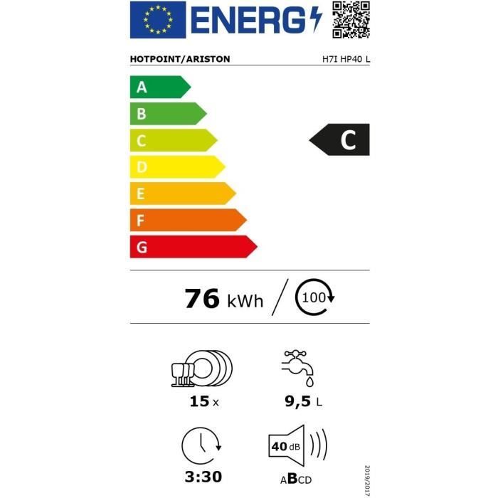 Lave-vaisselle tout encastrable HOTPOINT H7IHP40L - 15 couverts - 40 dB - Classe C - Maxi Space - tiroir a couverts