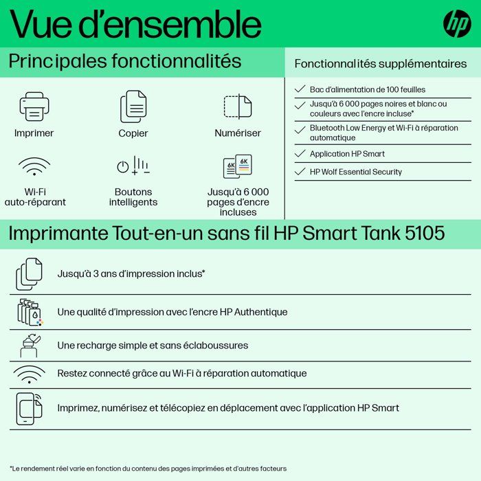 Imprimante Multifonction - HP - Smart Tank 5105 – Wi-Fi et Bluetooth - Réservoir d'encre – Couleurs