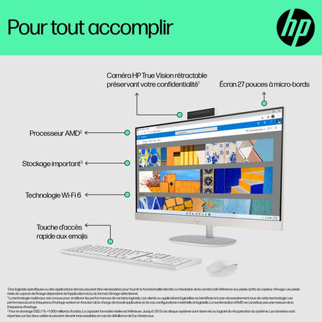 PC Tout-en-un HP 27-cr0075nf - Windows 11 - 27 FHD IPS - Ryzen 5 7520U - RAM 16Go - Stockage 512Go SSD - Clavier et souris sans fil
