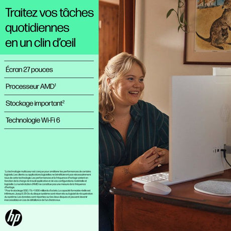 PC Tout-en-un HP 27-cr0075nf - Windows 11 - 27 FHD IPS - Ryzen 5 7520U - RAM 16Go - Stockage 512Go SSD - Clavier et souris sans fil
