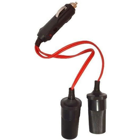 Double prise allume cigare 12V/24V-HTC EQUIPEMENTS-Haute puissance 10A.Avec cordon rouge 20cm,fusible et LED de fonctionnement rouge