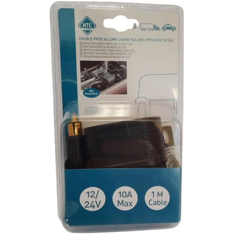 Double prise allume-cigare 12/24V - HTC EQUIPEMENT -Connecteur DIN - Haute puissance 10A- Avec fusible et câble 1M