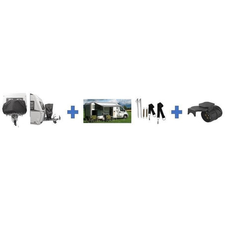 Pack départ au camping 3 pcs- HTC EQUIPEMENT - Incluant : 1 housse pour 2 vélos, sangle anti tempete, adaptateur remorque 13 vers 7