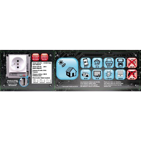 Convertisseur 12V / 24V automatique vers 220V- HTC TECHNIC-  200W avec prise USB-A  0.5A