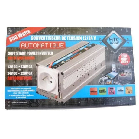Convertisseur 12V / 24V automatique vers 220V- HTC TECHNIC-  350W avec prise USB-A  0.5A