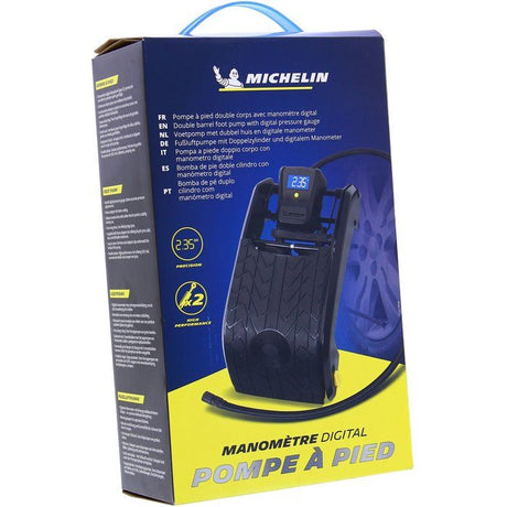 Pompe a Pied Double Piston manometre digital de 0.05 jusqu'a 7 bars- MICHELIN - Flexible nylon 60cm, embout laiton - psi, bar, kpa