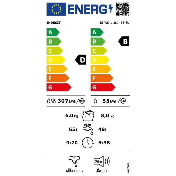 Lave-linge séchant encastrable INDESIT - BIWDIL861485EU - 8 / 6 kg - Induction - L60cm - 1400 trs/min - Blanc