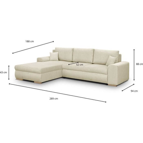 Canapé d'angle convertible - 5 places - INDIAN - Tissu velours côtelé Beige - Coffre de rangement - 289 x 94/188 x 88 cm