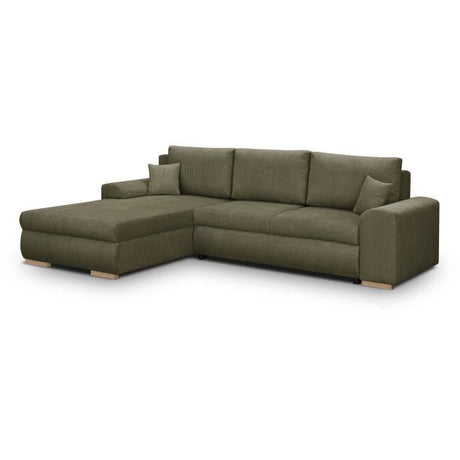 Canapé d'angle convertible - 5 places - INDIAN - Tissu velours côtelé Vert kaki - Coffre de rangement - 289 x 94/188 x 88 cm