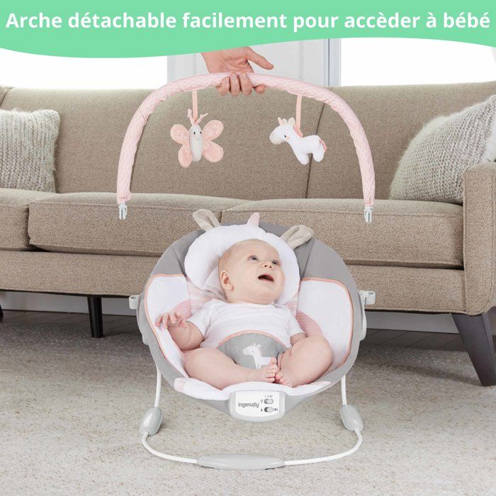 INGENUITY Transat pour bébé - Flora - Arche avec jouets d'éveil amovible, 8 Mélodies, Vibrations apaisantes, cadeau bébé