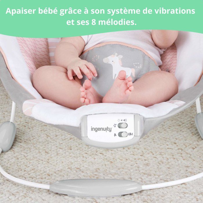 INGENUITY Transat pour bébé - Flora - Arche avec jouets d'éveil amovible, 8 Mélodies, Vibrations apaisantes, cadeau bébé