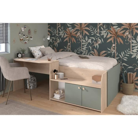 Lit combiné enfant 90x190/200 cm JADE - Chene / Vert céladon - Bureau et rangements - PARISOT
