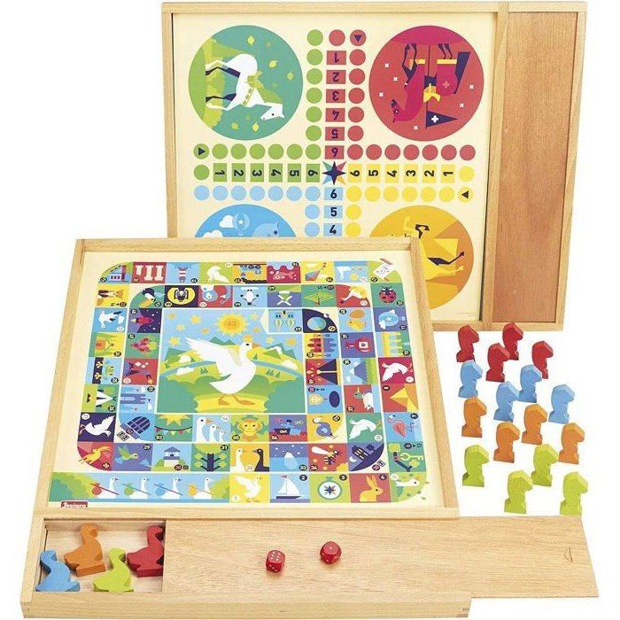 JEUJURA Jeux de l'oie et petits chevaux - Plateau avec plumier en bois