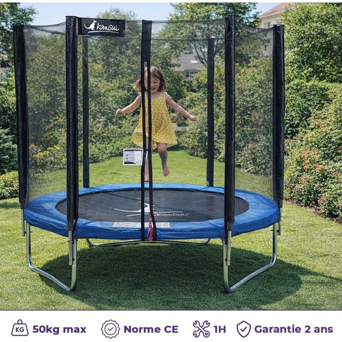 Trampoline KANGUI - BLEU Ř 180-183 cm – Enfant – Filet de sécurité – Certification CE & NF EN 71–14
