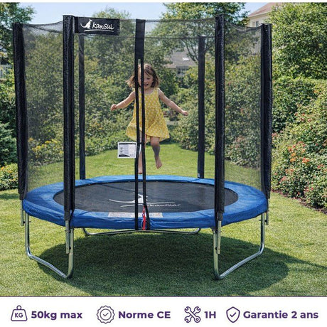Trampoline KANGUI - BLEU Ř 180-183 cm – Enfant – Filet de sécurité – Certification CE & NF EN 71–14