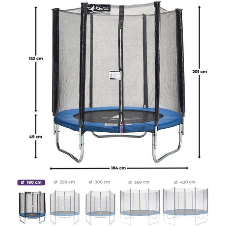 Trampoline KANGUI - BLEU Ř 180-183 cm – Enfant – Filet de sécurité – Certification CE & NF EN 71–14