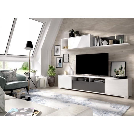 Paroi murale TV - KEN - Blanc Brillant / Graphite - Portes et étagere - 200 x 41 x 180 cm