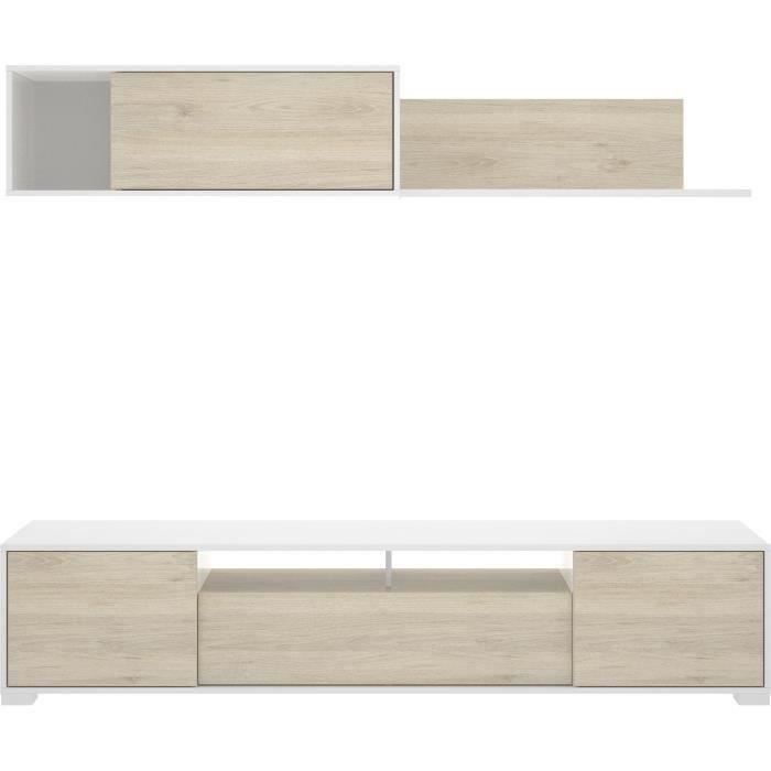 Paroi murale TV - KEN - Blanc Brillant / Chene - Portes et étagere - 200 x 41 x 180 cm