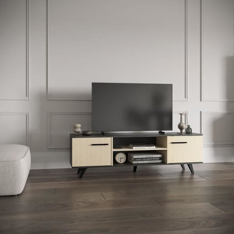 Banc TV - KENT - Chene de fil / Sidewalk - 2 portes ouvrantes - 2 niches - 151,4 x 39,3 x 46,2 cm - DEMEYERE