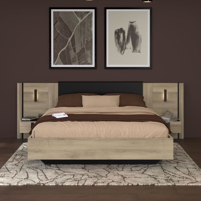 Lit double adulte avec 2 chevets - KIERAN - 140 x 190/200 cm - Chene/Noir - PARISOT