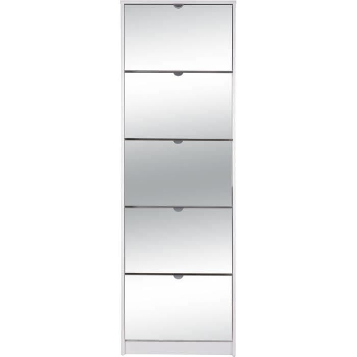 Meuble a chaussures - Blanc et Facades miroir- L58 x H177 x P17 cm - 15 paires - 5 abattants  - KOBLENZ