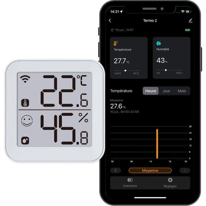 Thermometre et Hygrometre - KONYKS - Termo 2 - Intérieur - Détecteur de température + humidité - Wifi - Grand écran - Blanc