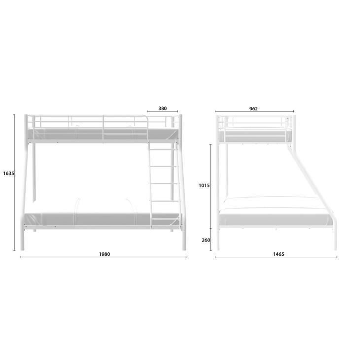 BRUCE Lits superposés  3 places - 90/140 x 190 cm - Blanc - En métal - Sommiers inclus
