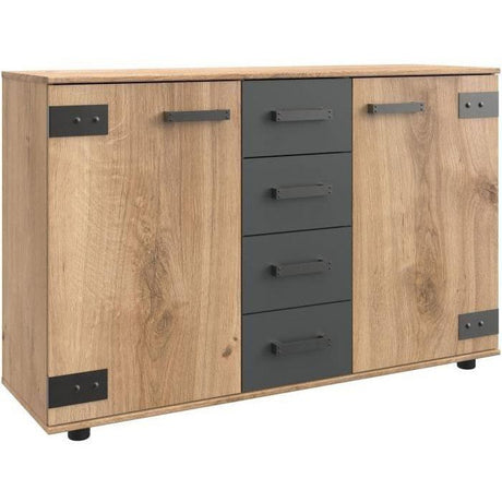 Buffet LAMIA - 4 tiroirs et 2 portes - Décor Chene et gris anthracite - L130 x H83 x P41 cm