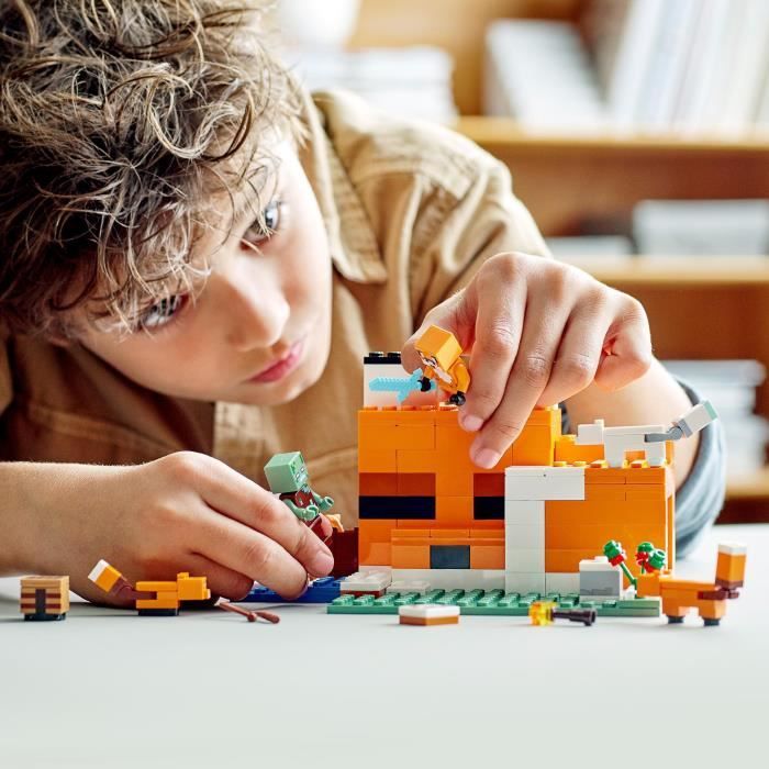LEGO 21178 Minecraft Le Refuge du Renard, Jouet de Construction Maison, Enfants des 8 ans, Set avec Figurines Zombie, Animaux