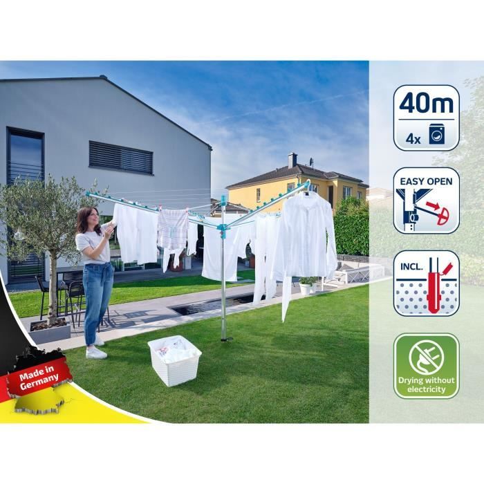 Séchoir parapluie Leifheit Linomatic 400 Easy 85285, étendoir a linge parapluie avec 40m d'étendage et syteme Easy-Lift, turquoise