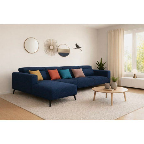 Canapé d'angle modulable - 4 places - LEONIE - Tissu Bleu Chambray - Tetieres ajustables - 357 x 175 x 75 cm