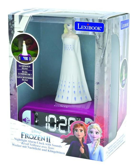 LEXIBOOK - Réveil veilleuse Elsa La Reine des Neiges - Sons et mélodies, écran LCD rétro-éclairé et lumineux - Blanc, Violet