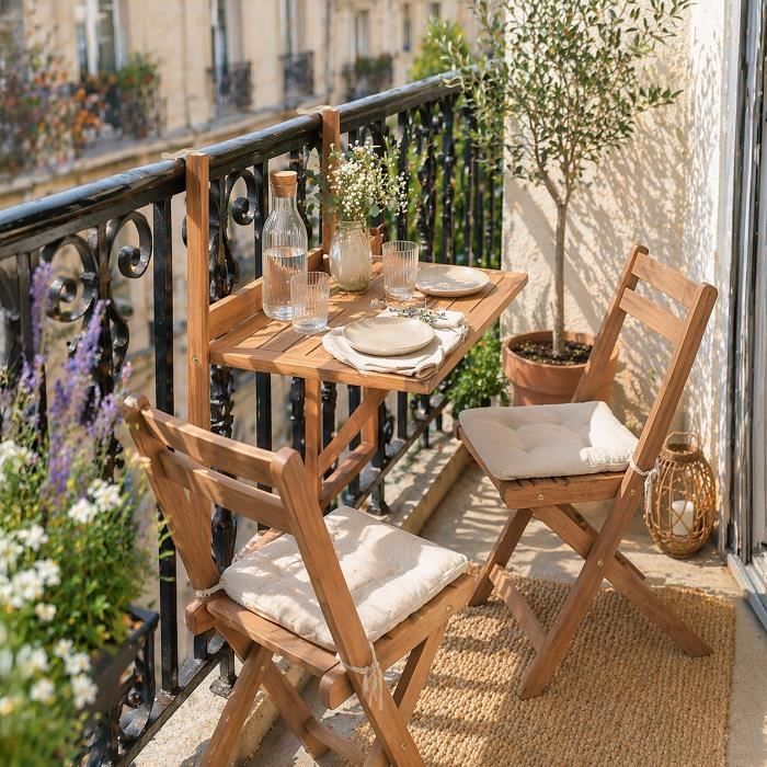 Table de balcon suspendue - LILOU - Bois d'acacia FSC - Pliable - 64 x 43 x 80 cm