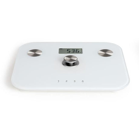 Pese-personne impédancemetre dynamo - LIVOO - DOM465W - Sans pile - 6 indicateurs - Max 150 kg - 4 profils - LCD - Blanc