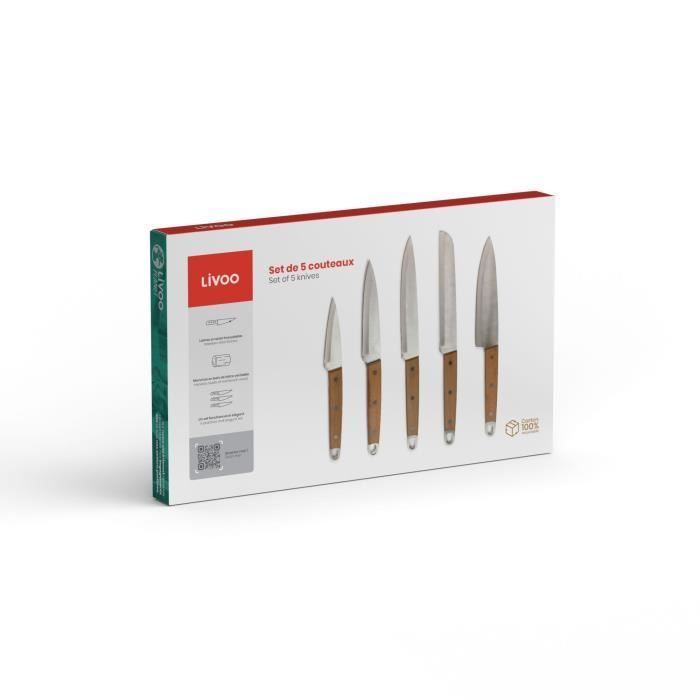 Set de 5 couteaux - LIVOO - MEC129 - Couteaux : chef, a pain, de cuisine, tranchelard et office - Acier inoxydable - Manche en hetre