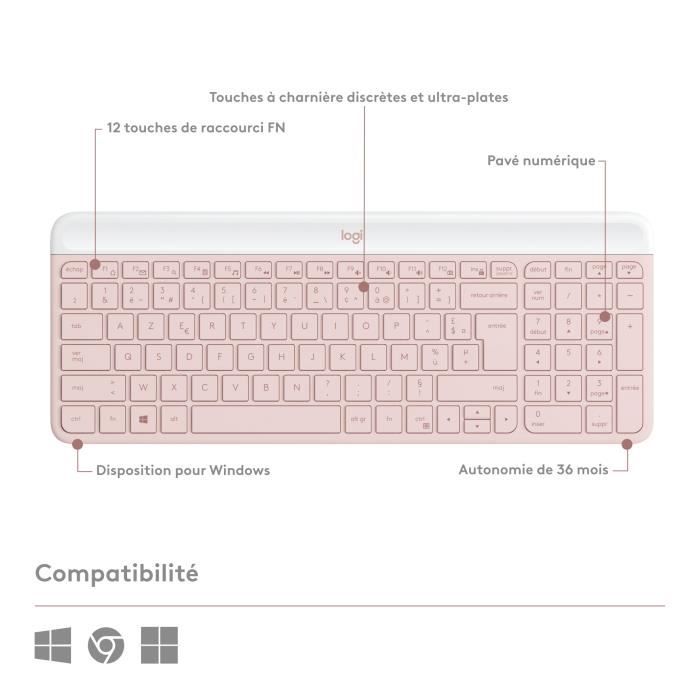 Ensemble Clavier Souris - Sans fil - Logitech - MK470 Slim - Silencieux - AZERTY - Rose