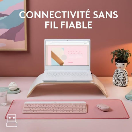 Ensemble Clavier Souris - Sans fil - Logitech - MK470 Slim - Silencieux - AZERTY - Rose