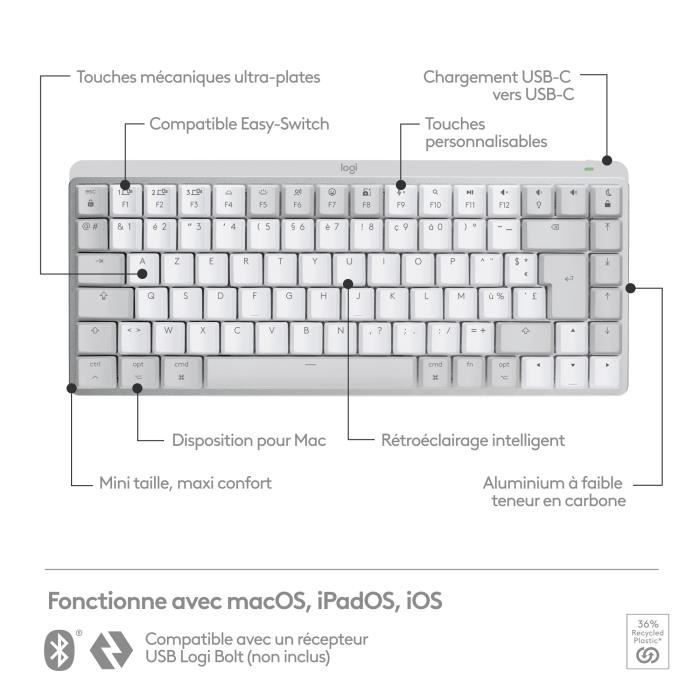 Clavier - Sans fil - Logitech - MX Mechanical Mini -AZERTY - Rétroéclairé - Pour Mac - Gris pâle