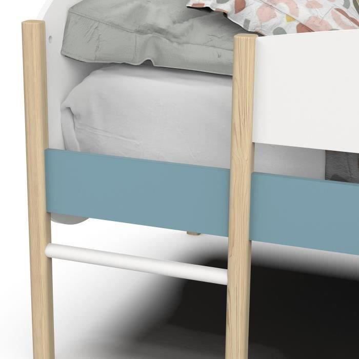 DEMEYERE Lit toboggan - 90 x 200 cm - Sommier a lattes - 2 Tirroirs - Décor blanc et bleu orage