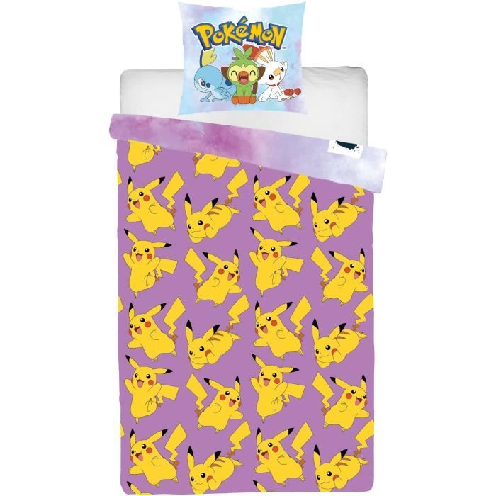 Parure de lit réversible - POKEMON - Pikachu - Microfibre - 1 housse de couette 140 x 200 cm + 1 taie 63 x 63 cm
