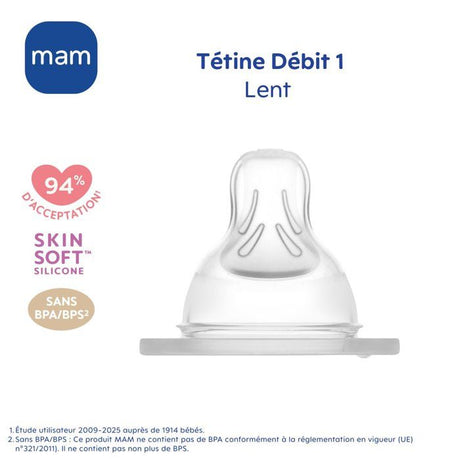 MAM Accessoires pour Biberons Tétine Silicone +0m Débit 1 Lent 2 unités