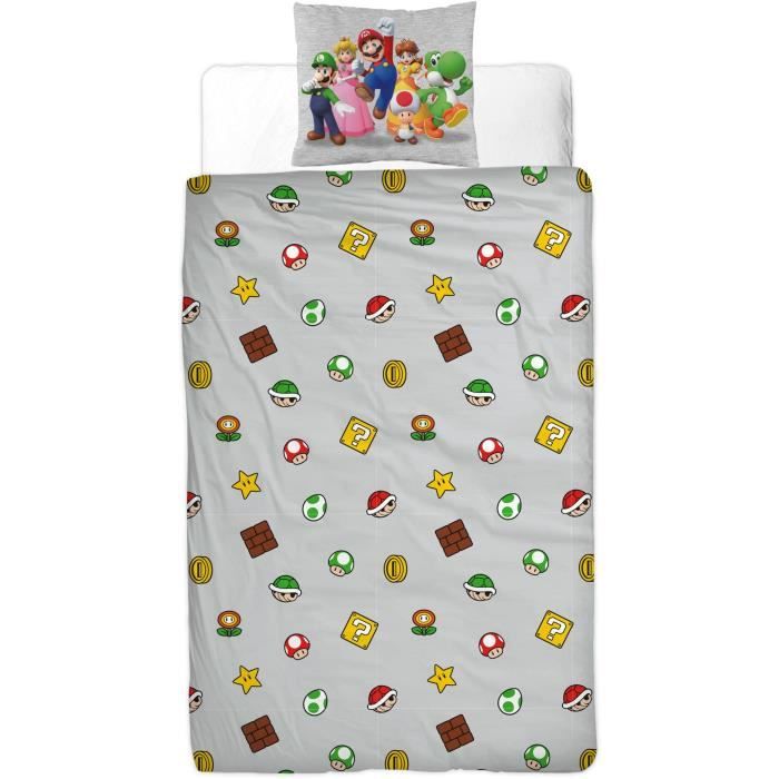Parure de lit réversible - MARIO BROS - Super Mario - Microfibre - 1 housse de couette 140 x 200 cm + 1 taie 63 x 63 cm