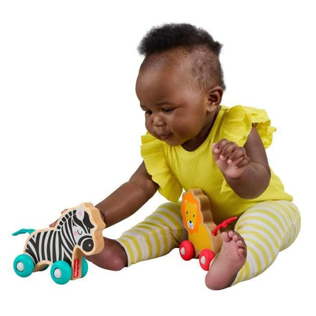 Fisher-Price Animaux a pousser en bois - Véhicule lion et zebre pour jeu a quatre pattes - 2  pieces en bois - des 6 mois - JFN19