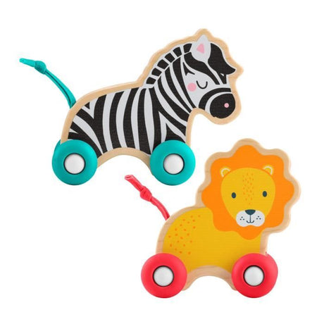 Fisher-Price Animaux a pousser en bois - Véhicule lion et zebre pour jeu a quatre pattes - 2  pieces en bois - des 6 mois - JFN19